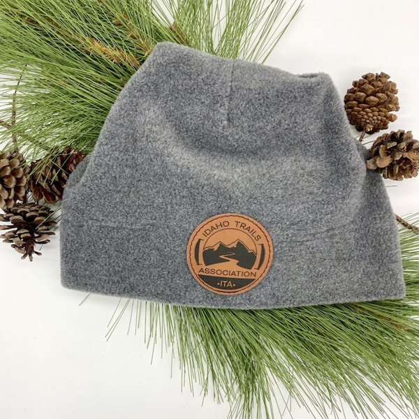 Grey Fleece Beanie with Leather Patch